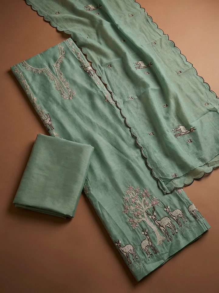 Aqua Green Chanderi Embroidered Unstitched Dress Material