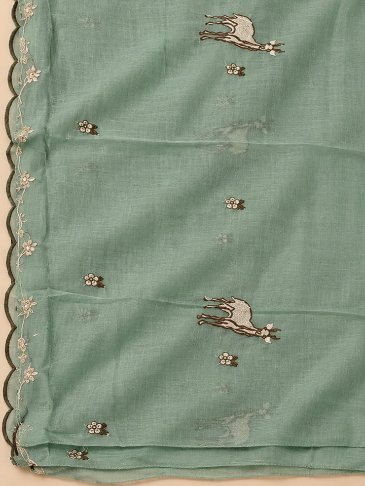 Aqua Green Chanderi Embroidered Unstitched Dress Material
