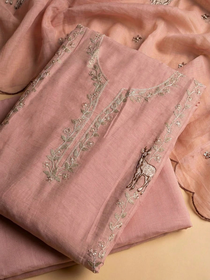Peach Chanderi Embroidered Unstitched Dress Material