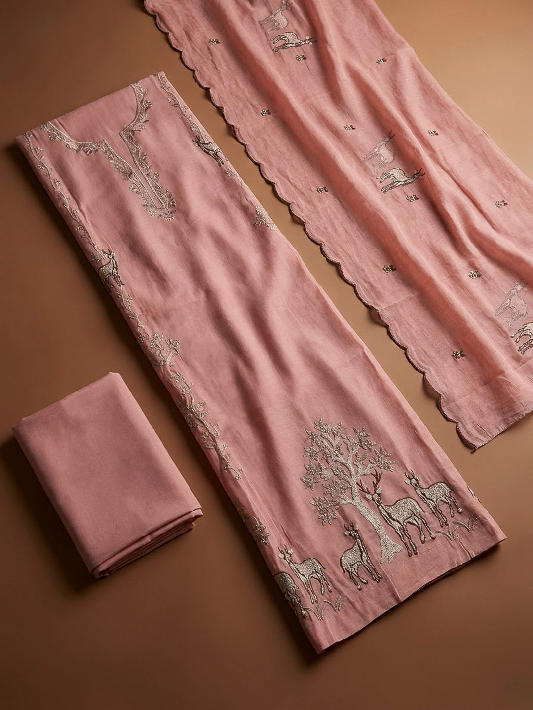 Peach Chanderi Embroidered Unstitched Dress Material