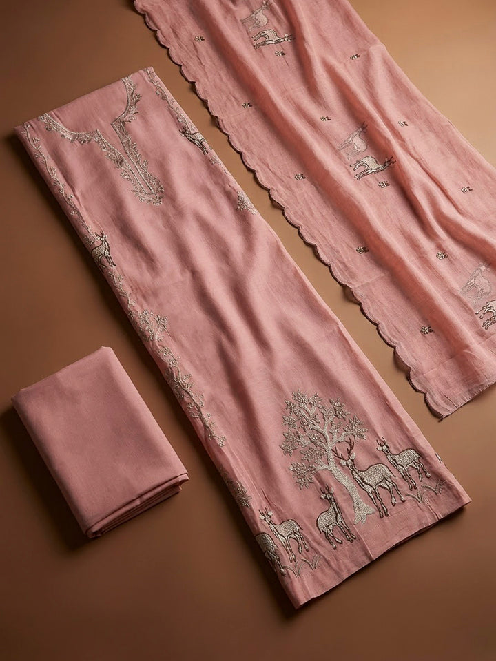 Peach Chanderi Embroidered Unstitched Dress Material
