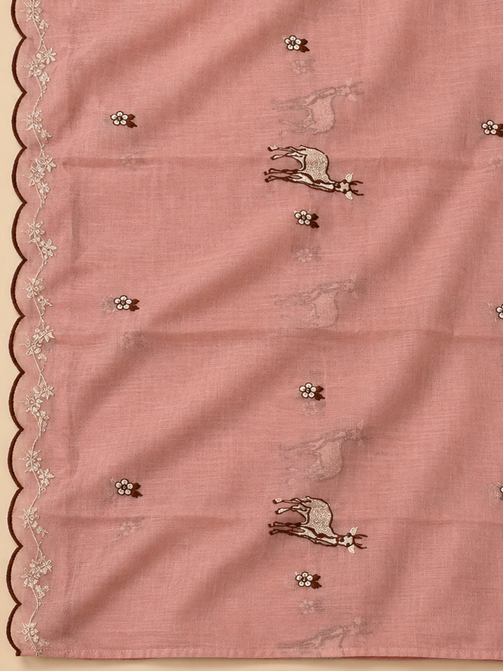 Peach Chanderi Embroidered Unstitched Dress Material