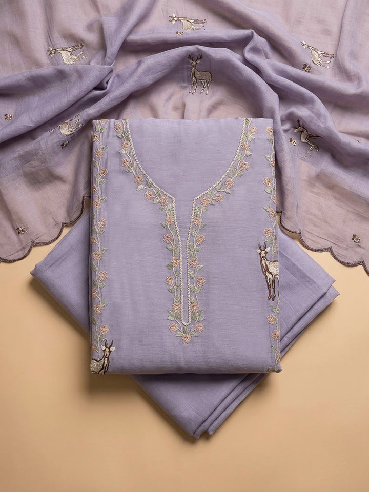 Purple Chanderi Embroidered Unstitched Dress Material