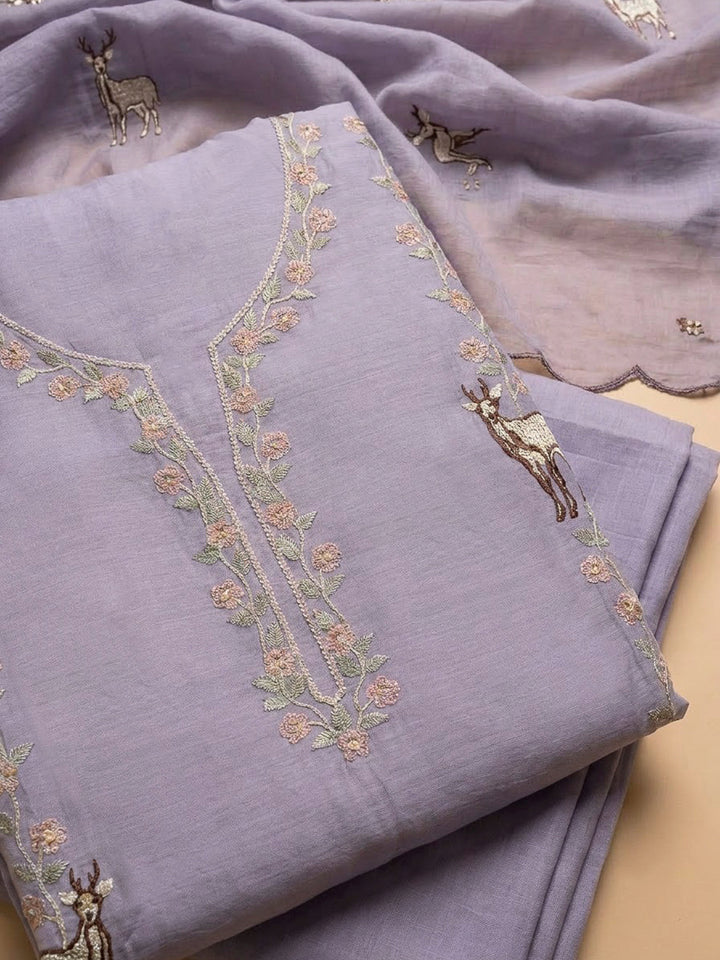 Purple Chanderi Embroidered Unstitched Dress Material
