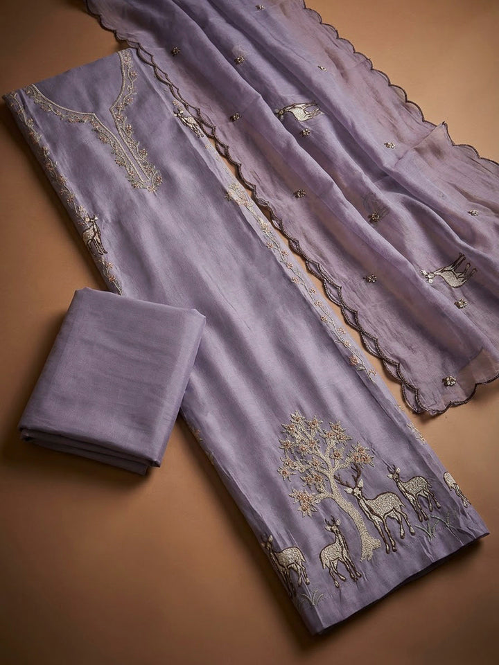 Purple Chanderi Embroidered Unstitched Dress Material