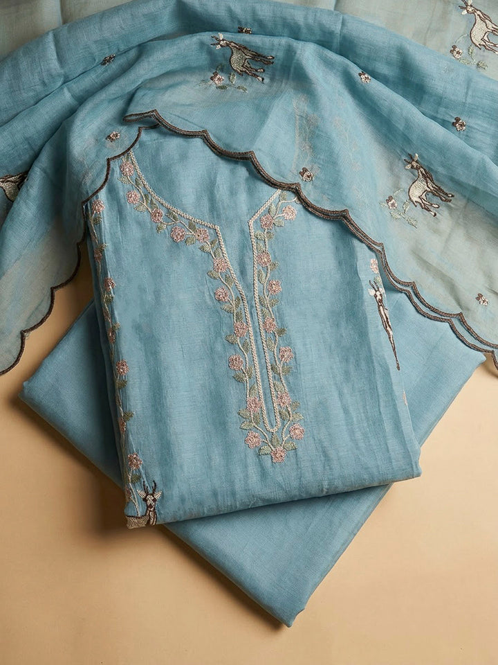 Sky Blue Chanderi Embroidered Unstitched Dress Material