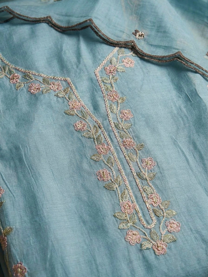 Sky Blue Chanderi Embroidered Unstitched Dress Material
