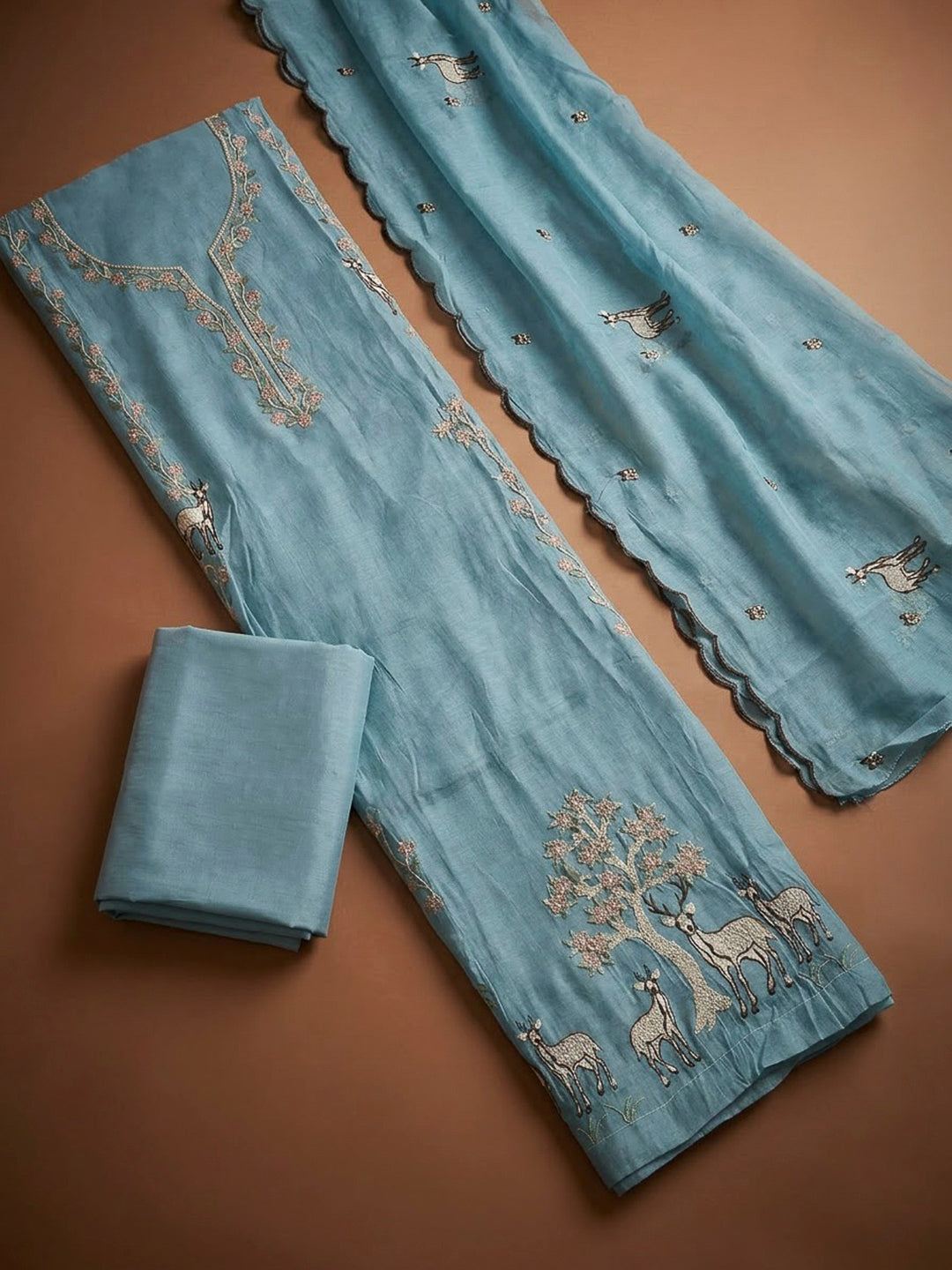Sky Blue Chanderi Embroidered Unstitched Dress Material