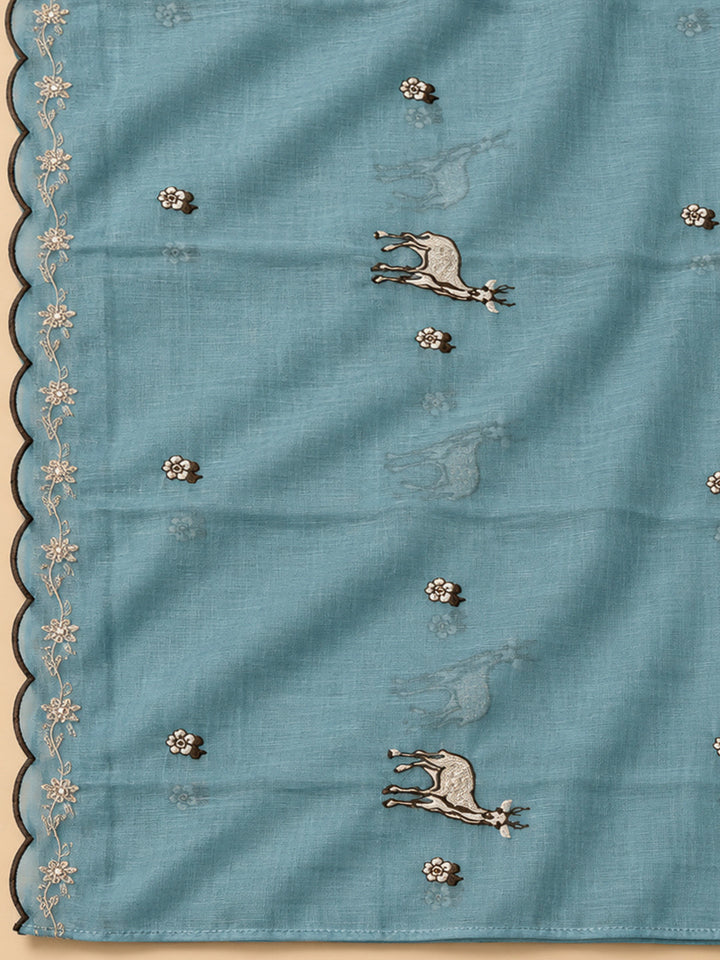 Sky Blue Chanderi Embroidered Unstitched Dress Material