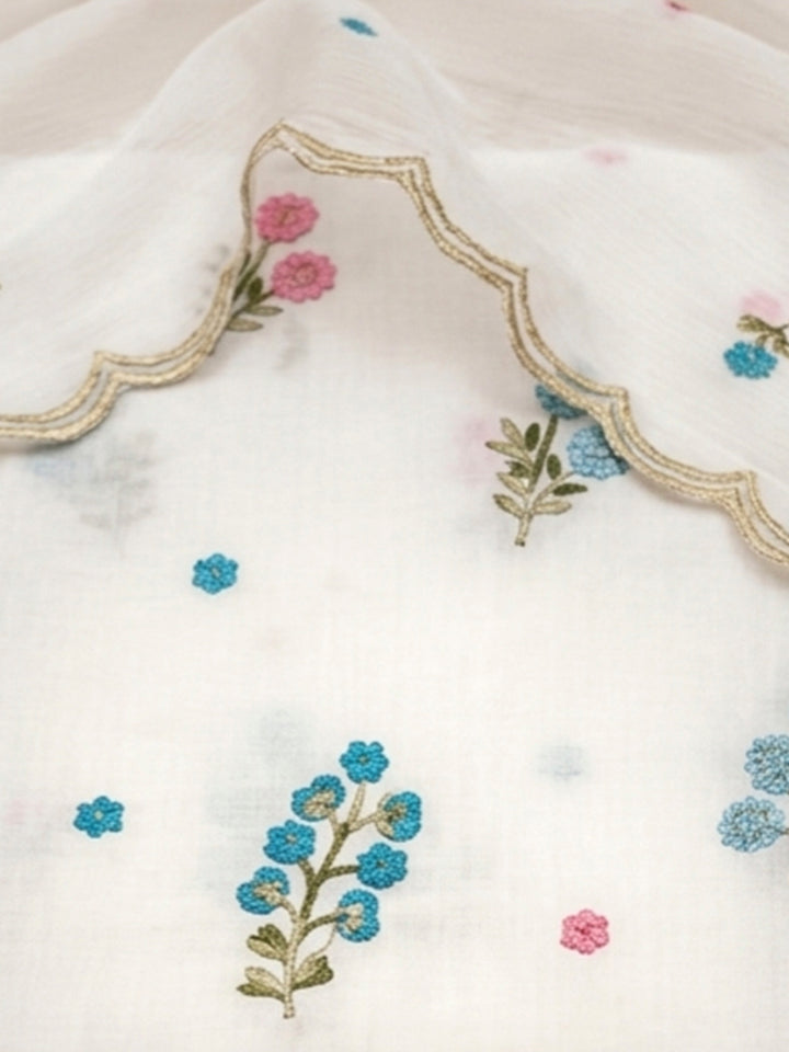 Off White Chanderi Printed Unstitched Dress Material