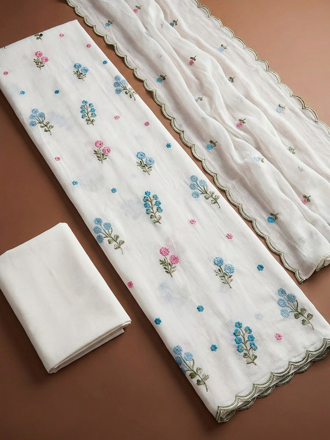 Off White Chanderi Printed Unstitched Dress Material