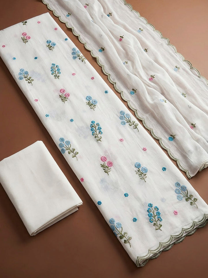 Off White Chanderi Printed Unstitched Dress Material