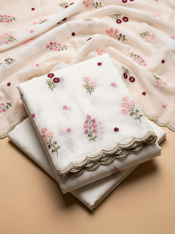 Off White Chanderi Printed Unstitched Dress Material
