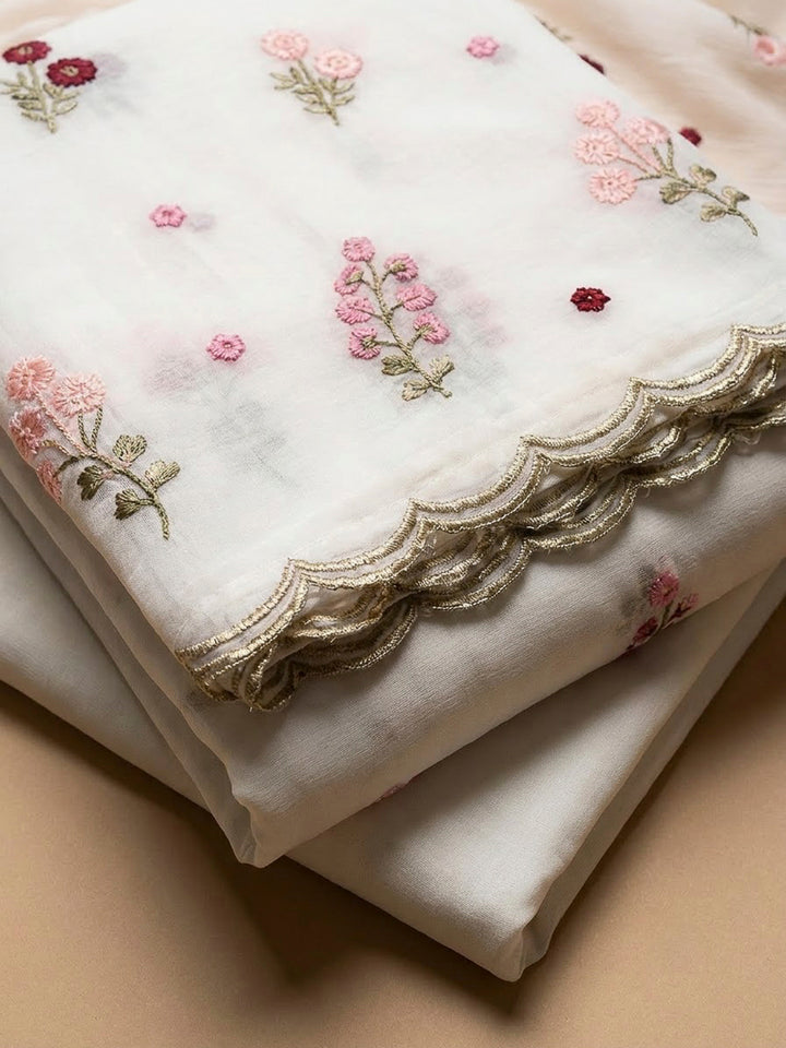 Off White Chanderi Printed Unstitched Dress Material