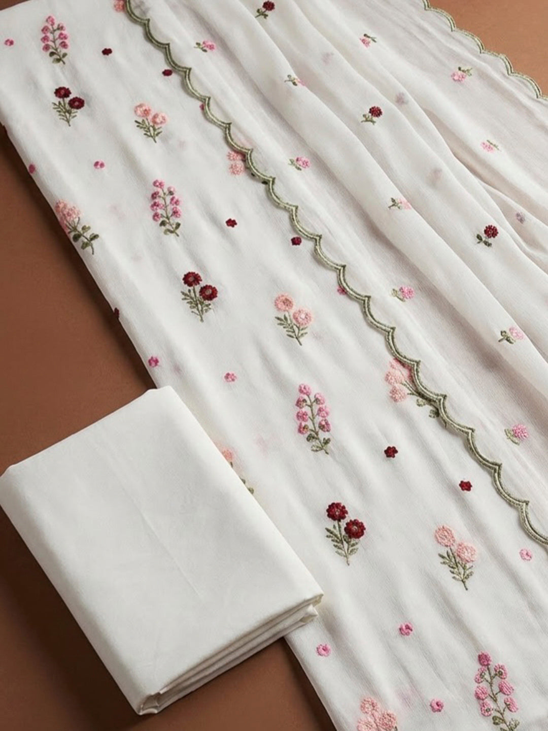 Off White Chanderi Printed Unstitched Dress Material
