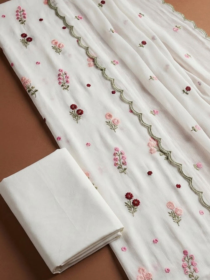 Off White Chanderi Printed Unstitched Dress Material