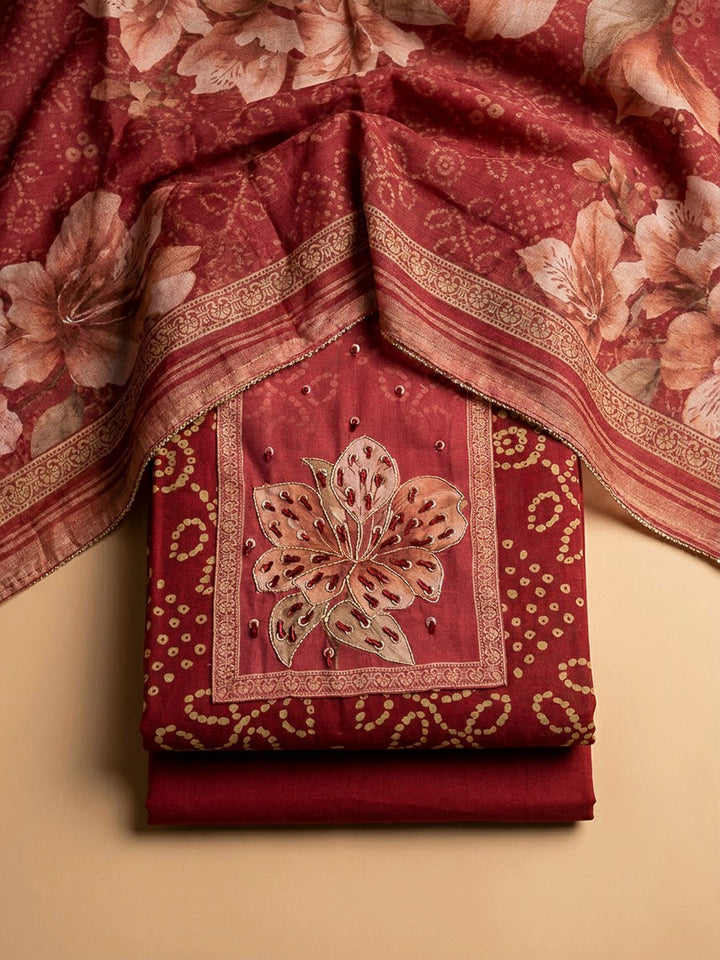 Maroon Chanderi Printed Unstitched Dress Material