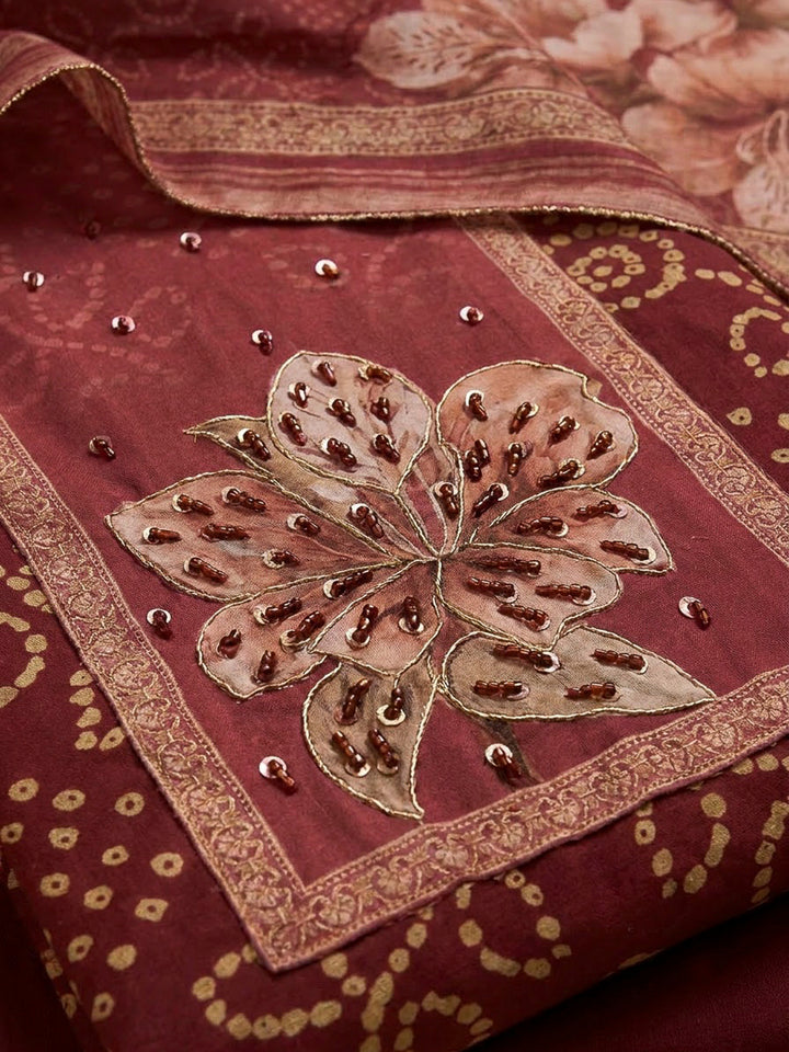 Maroon Chanderi Printed Unstitched Dress Material