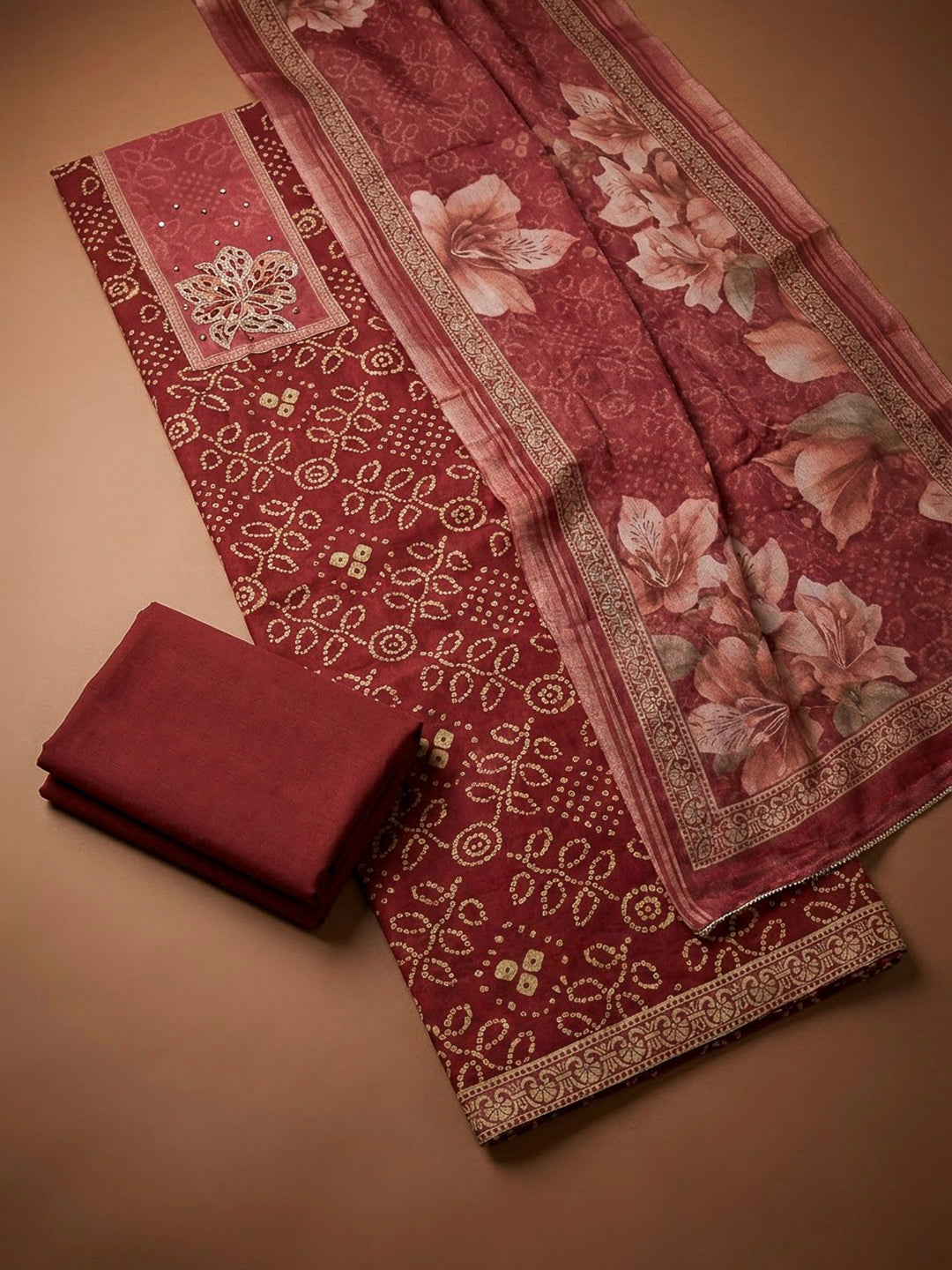 Maroon Chanderi Printed Unstitched Dress Material