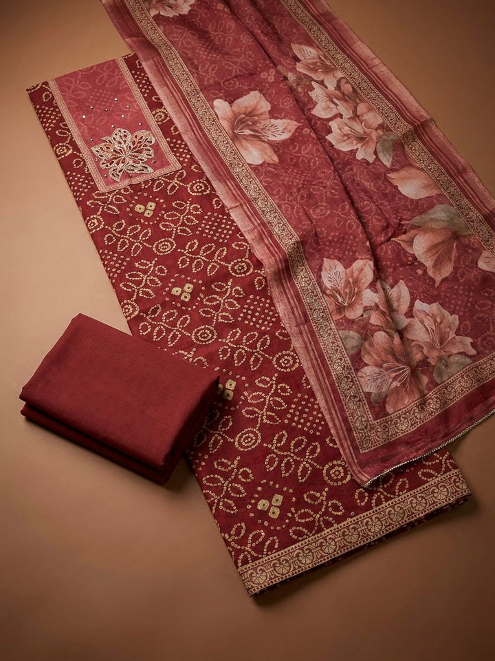 Maroon Chanderi Printed Unstitched Dress Material