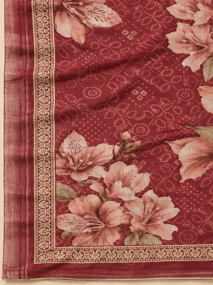 Maroon Chanderi Printed Unstitched Dress Material