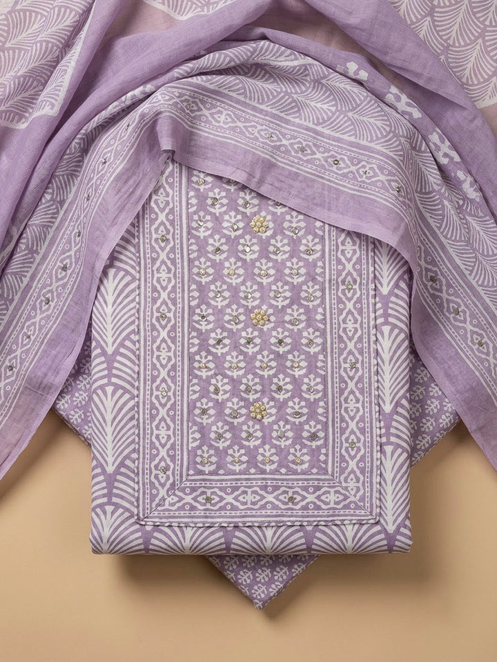 Purple Cotton Blend Printed Unstitched Dress Material