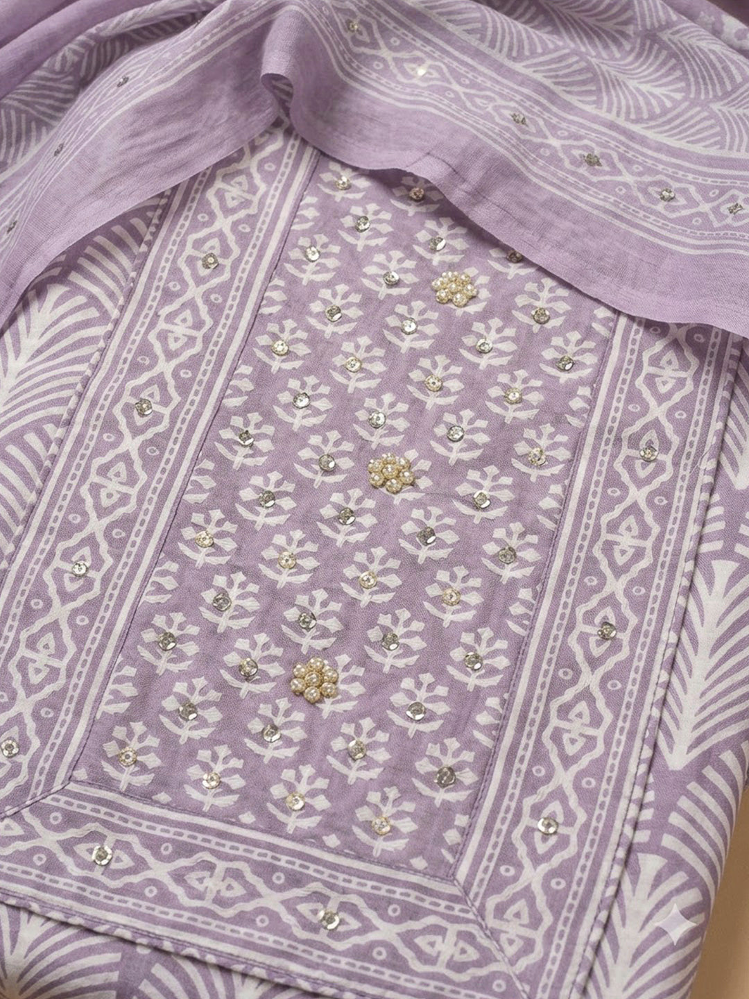 Purple Cotton Blend Printed Unstitched Dress Material