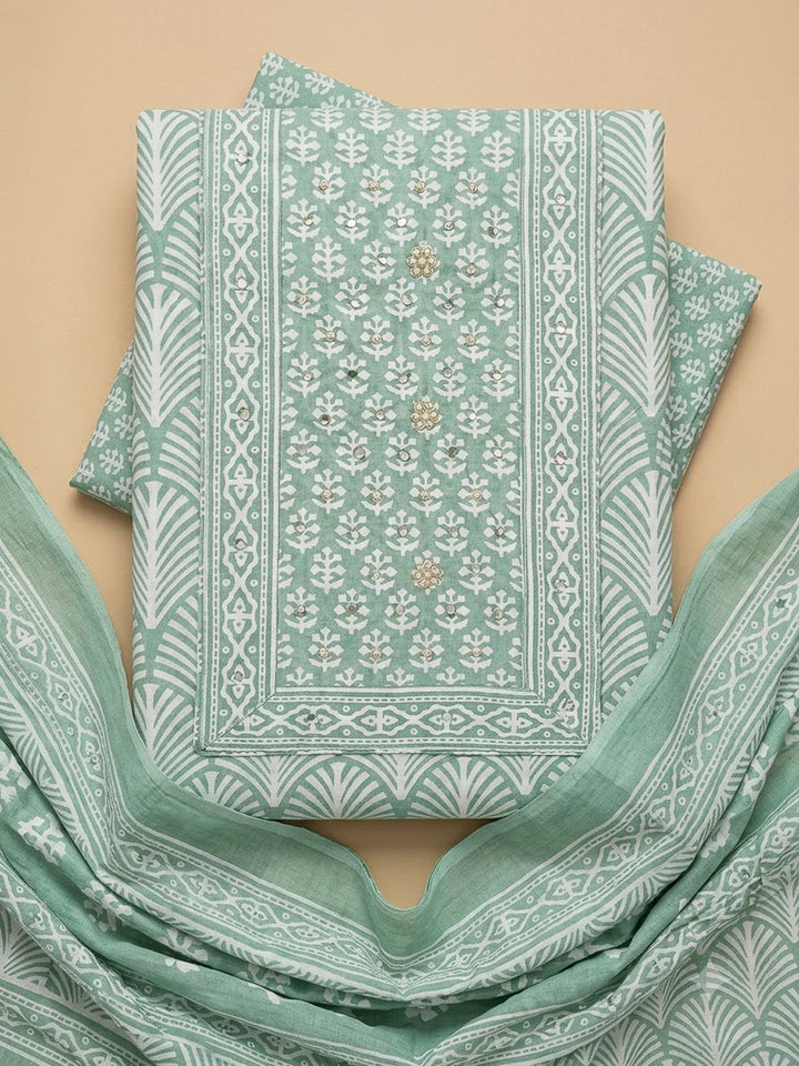 Sea Green Cotton Blend Printed Unstitched Dress Material