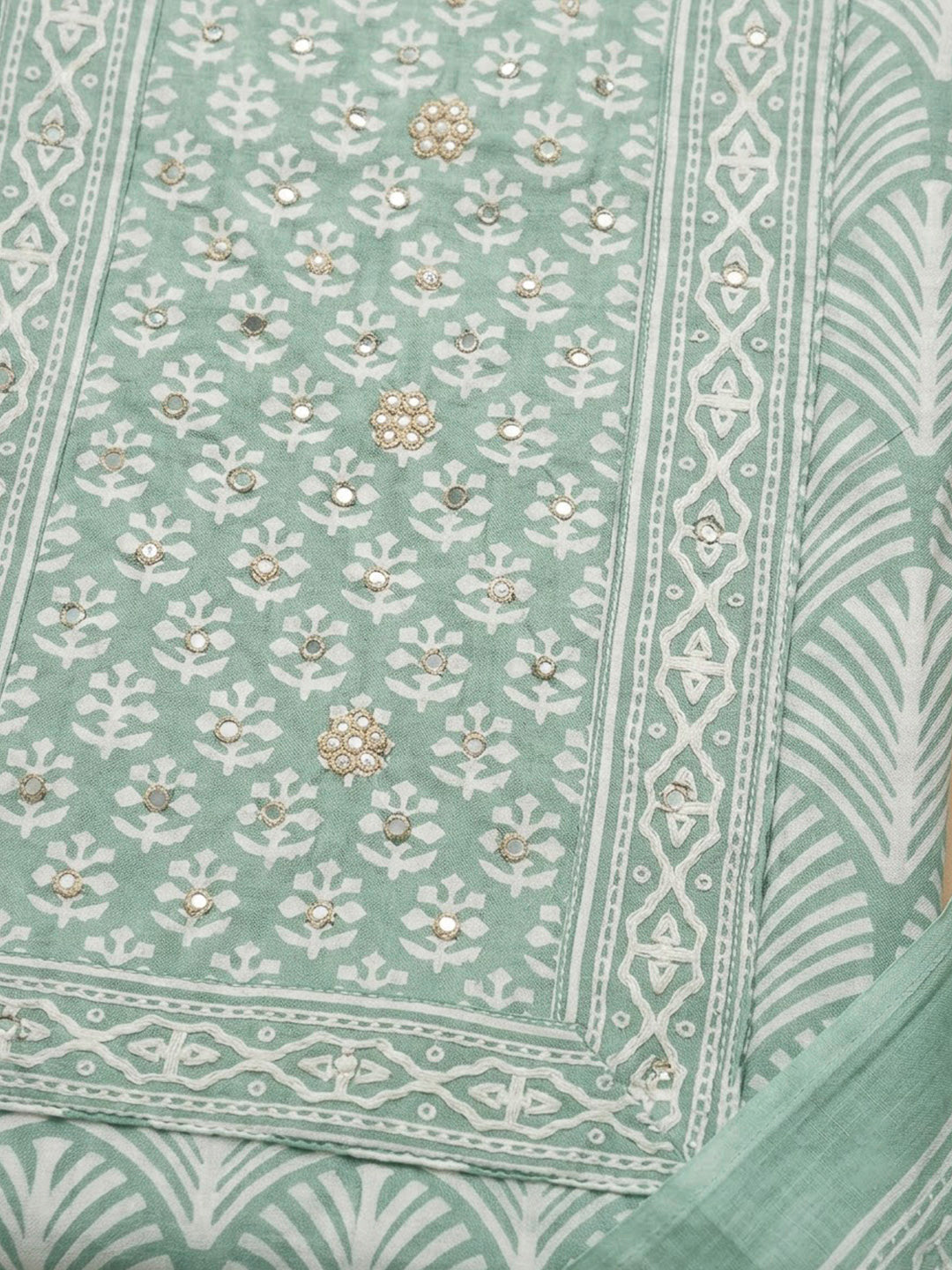 Sea Green Cotton Blend Printed Unstitched Dress Material