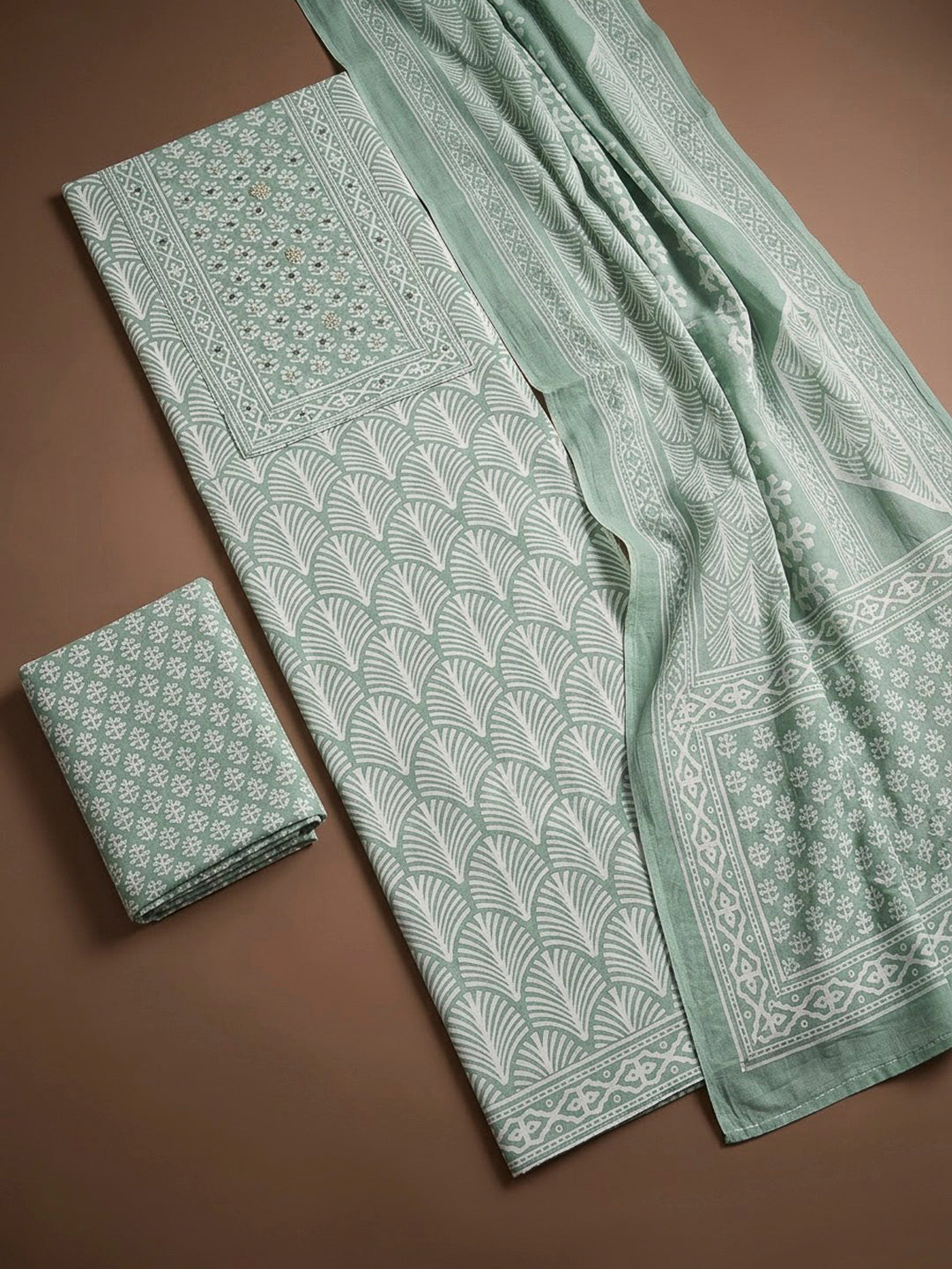 Sea Green Cotton Blend Printed Unstitched Dress Material