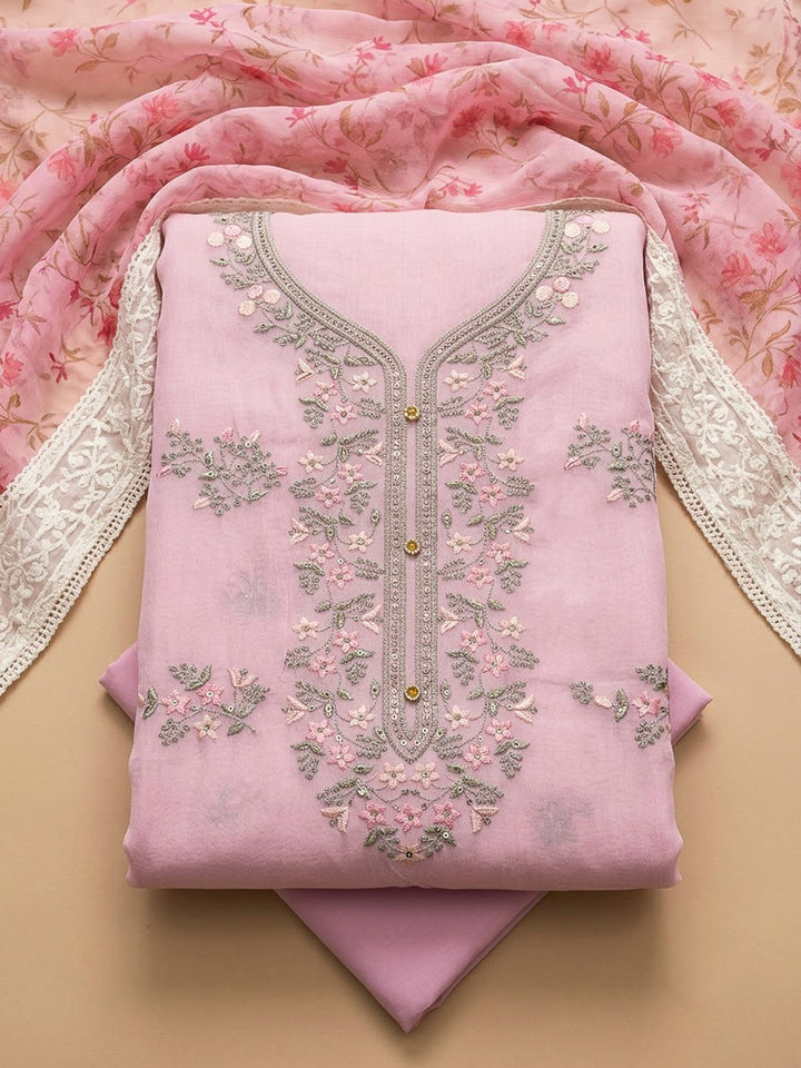 Onion Pink Chanderi Embroidered Unstitched Dress Material