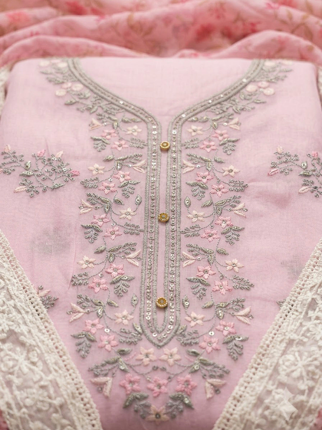 Onion Pink Chanderi Embroidered Unstitched Dress Material