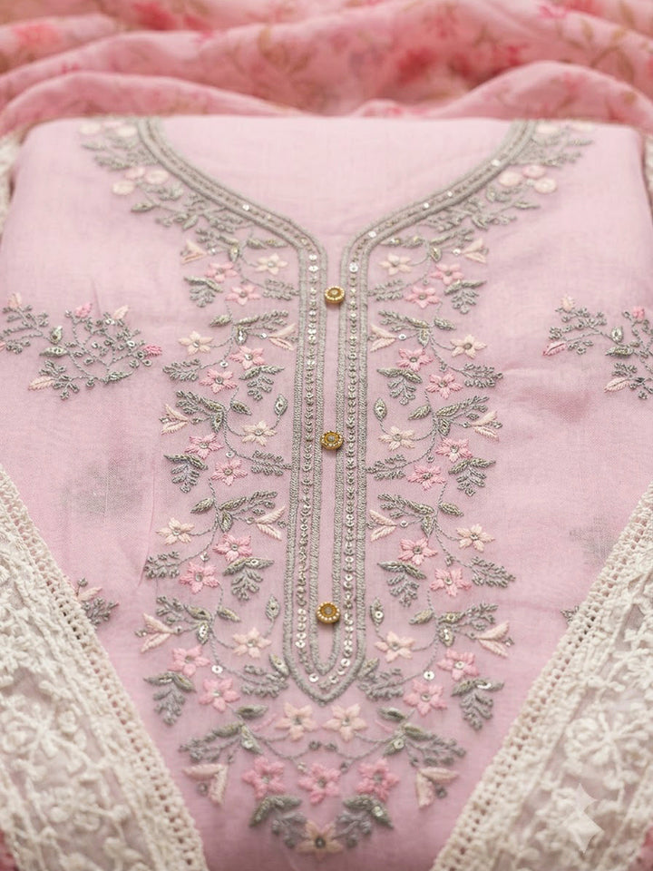 Onion Pink Chanderi Embroidered Unstitched Dress Material