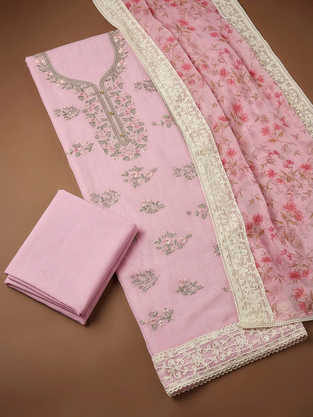 Onion Pink Chanderi Embroidered Unstitched Dress Material