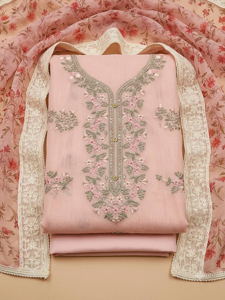 Peach Chanderi Embroidered Unstitched Dress Material