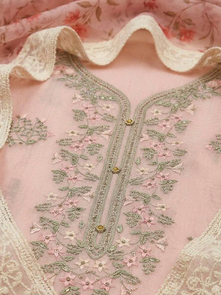 Peach Chanderi Embroidered Unstitched Dress Material
