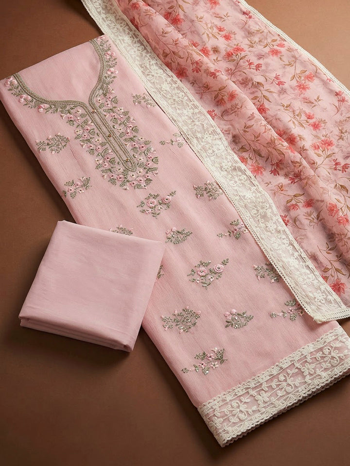 Peach Chanderi Embroidered Unstitched Dress Material