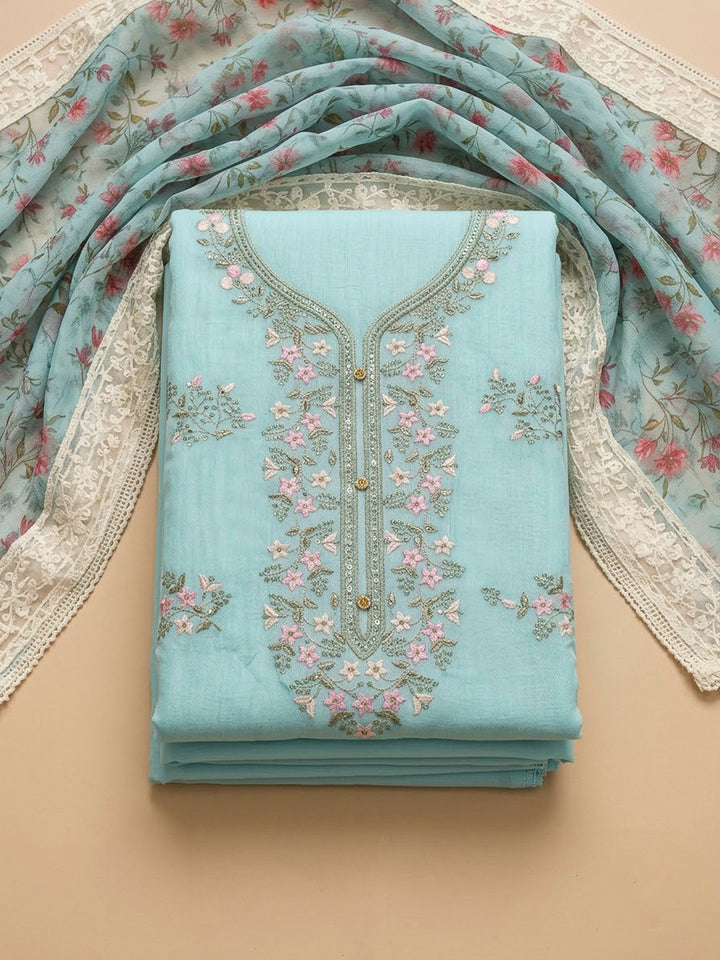 Sky Blue Chanderi Embroidered Unstitched Dress Material