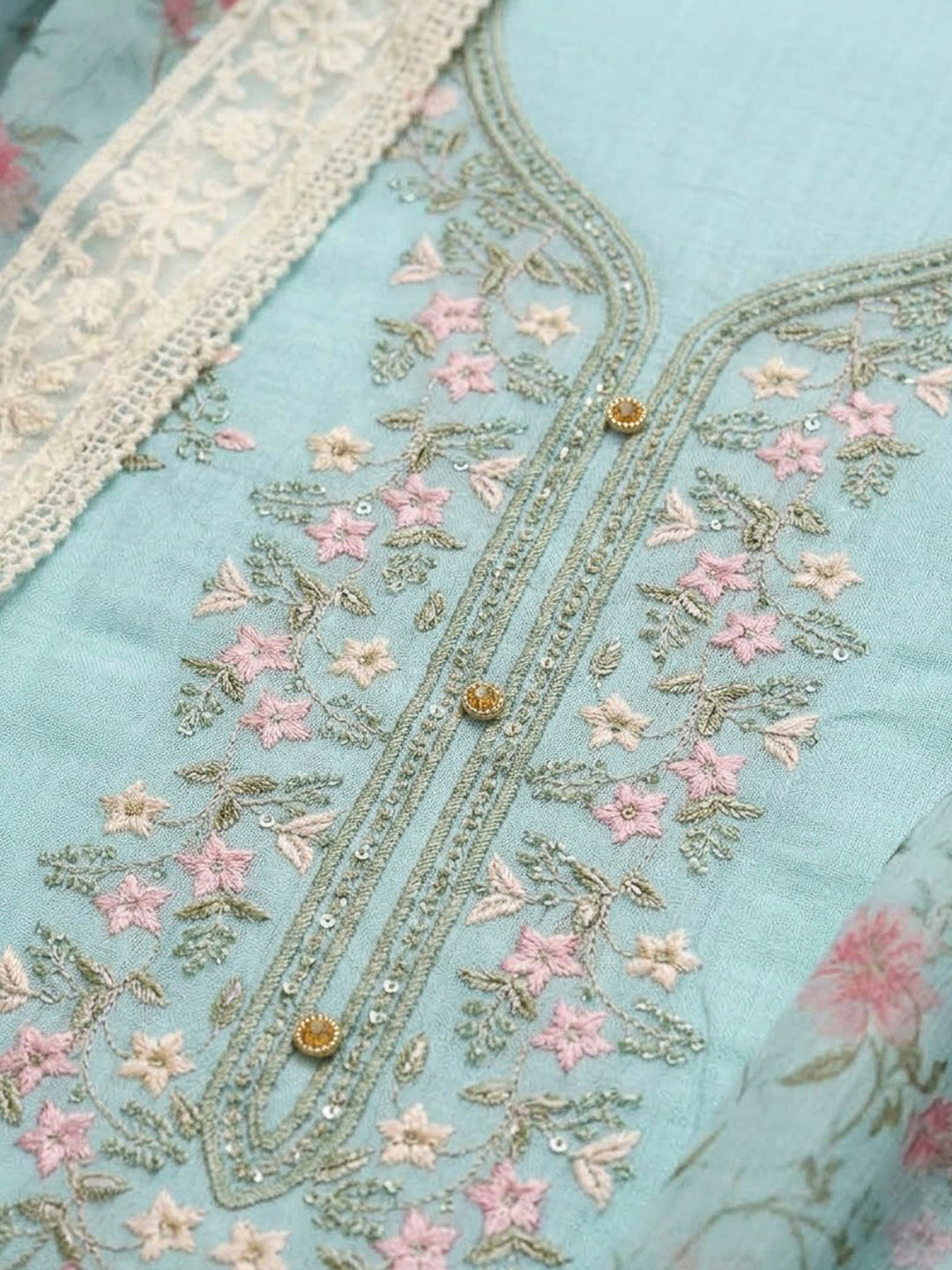 Sky Blue Chanderi Embroidered Unstitched Dress Material