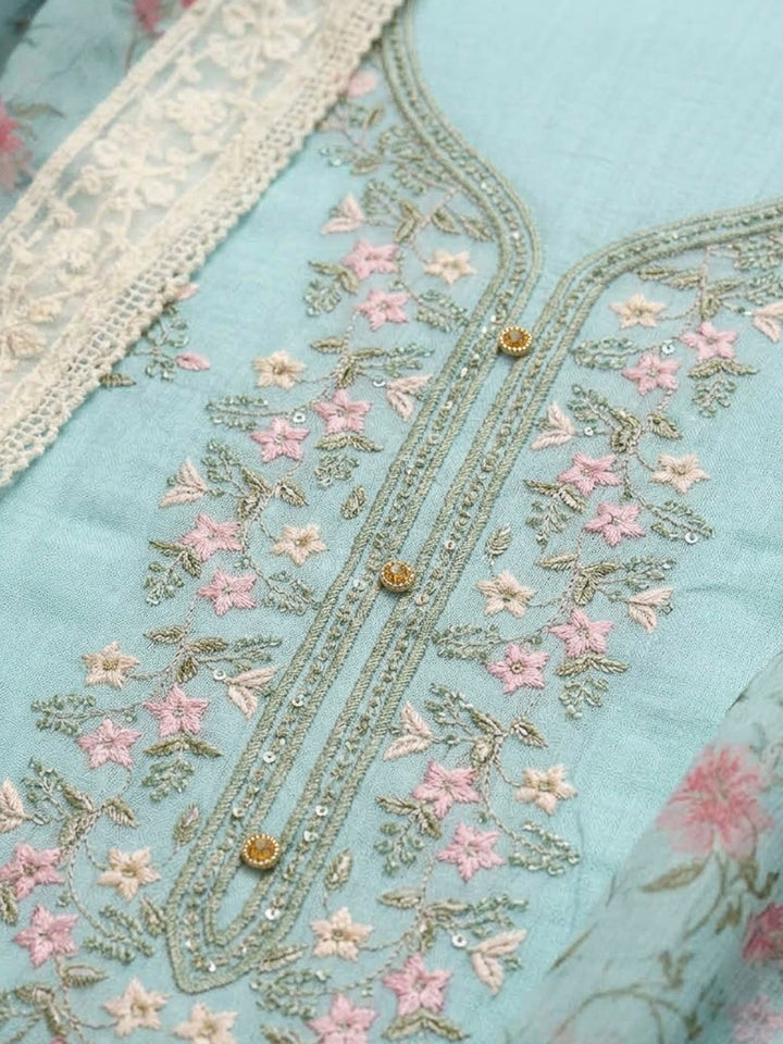 Sky Blue Chanderi Embroidered Unstitched Dress Material