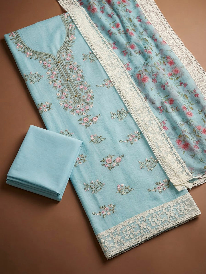 Sky Blue Chanderi Embroidered Unstitched Dress Material
