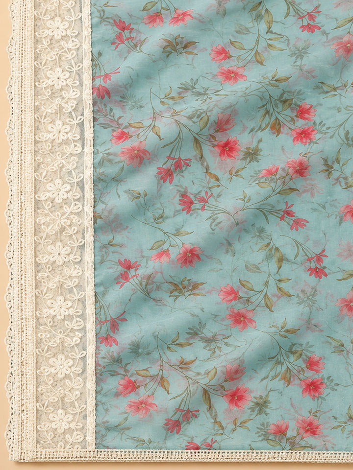 Sky Blue Chanderi Embroidered Unstitched Dress Material