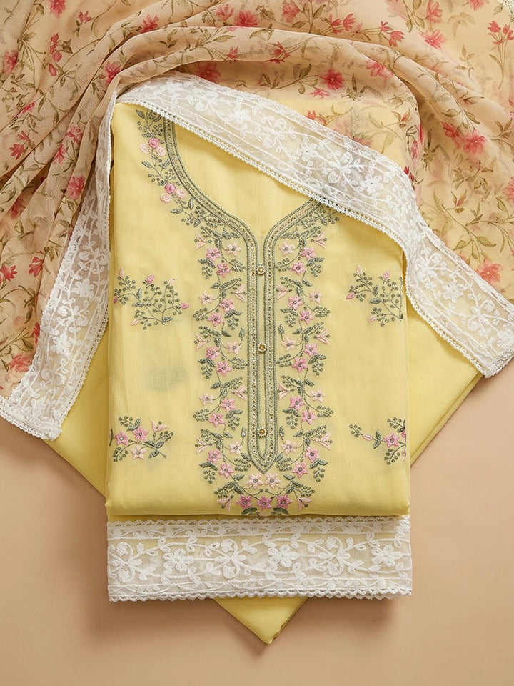 Yellow Chanderi Embroidered Unstitched Dress Material