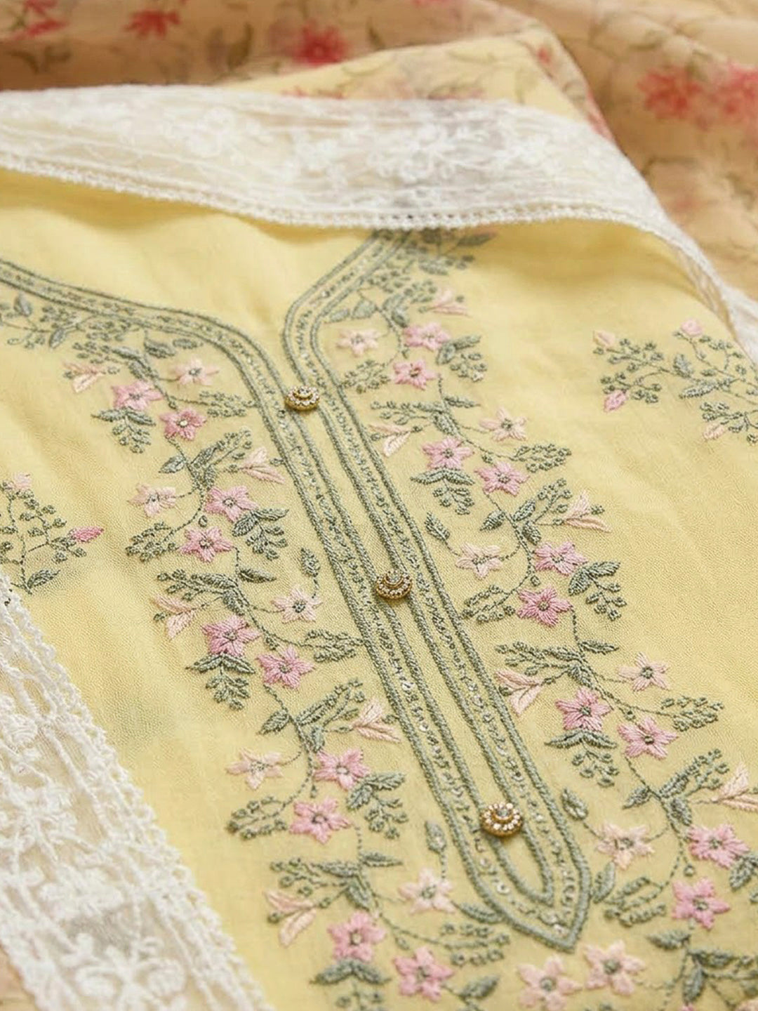 Yellow Chanderi Embroidered Unstitched Dress Material
