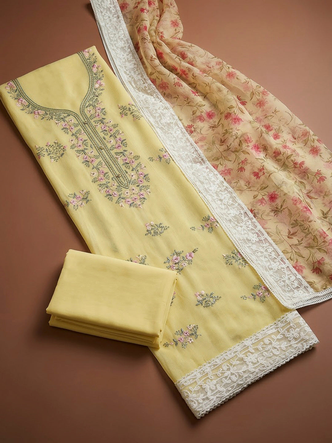 Yellow Chanderi Embroidered Unstitched Dress Material