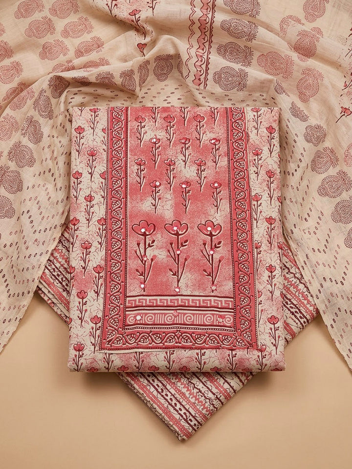 Peach Cotton Blend Printed Unstitched Dress Material