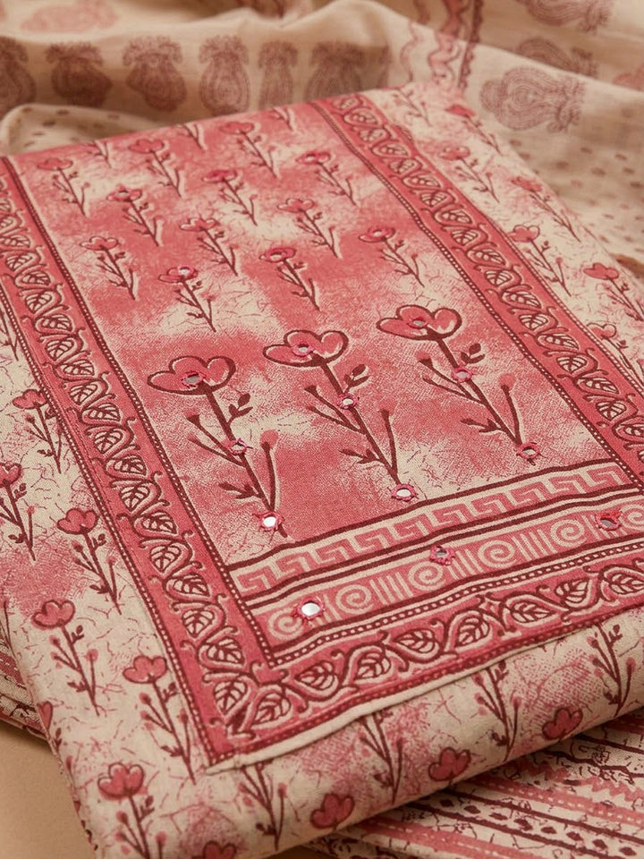Peach Cotton Blend Printed Unstitched Dress Material