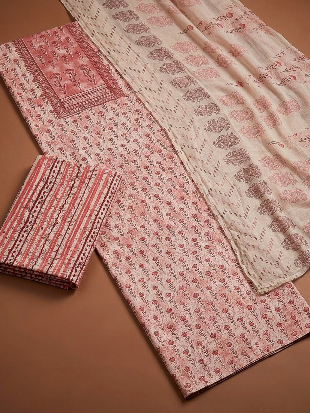 Peach Cotton Blend Printed Unstitched Dress Material