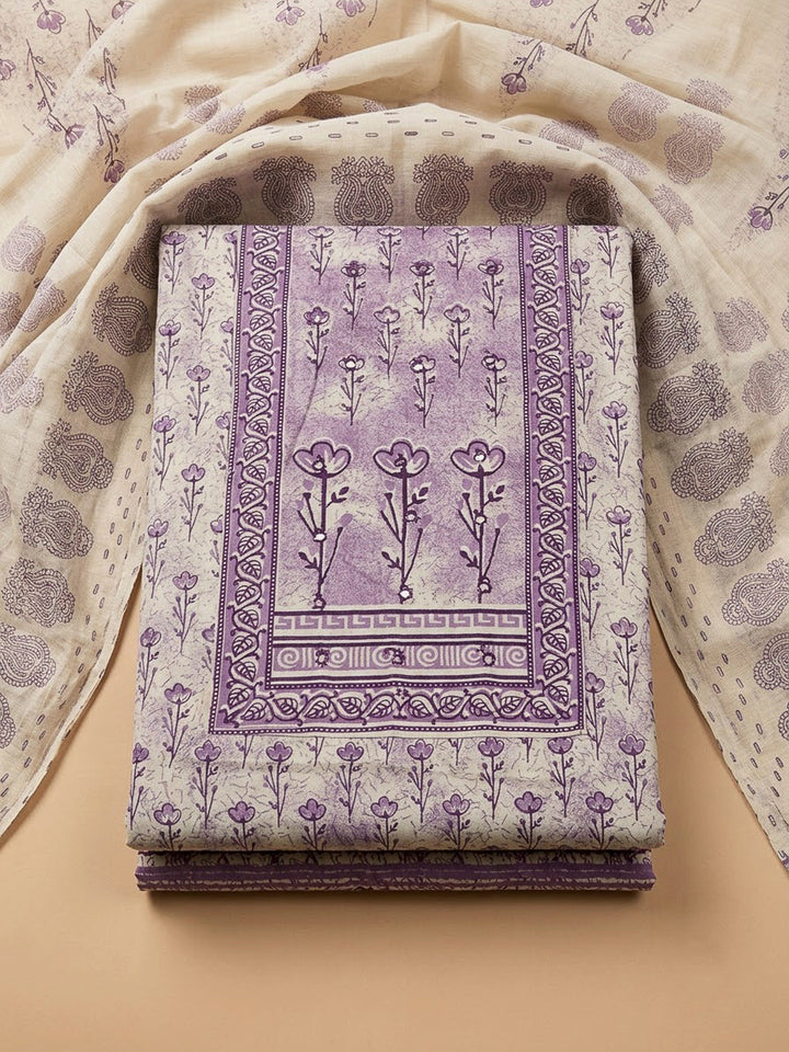 Purple Cotton Blend Printed Unstitched Dress Material