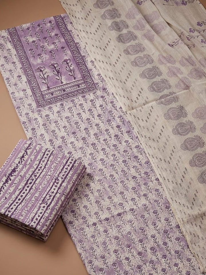Purple Cotton Blend Printed Unstitched Dress Material